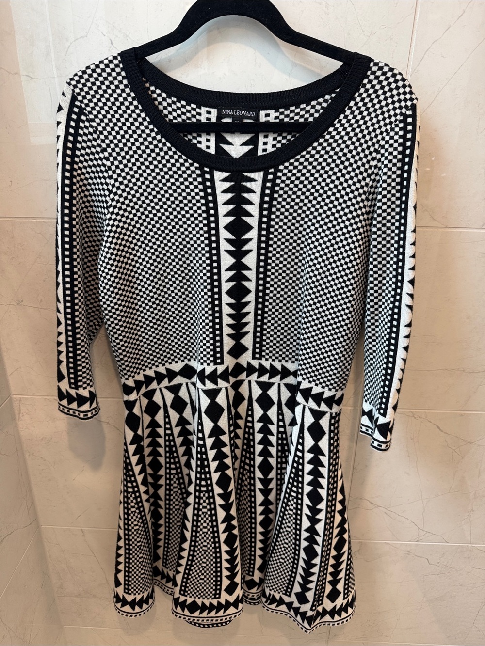 Nina Leonard Black and White Geometric Fit-and-Flare Dress